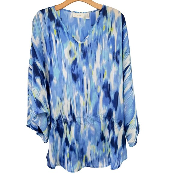 Chico's 2 Size large Blue V-Neck Tunic Top elastic waist satin womens - Picture 1 of 9